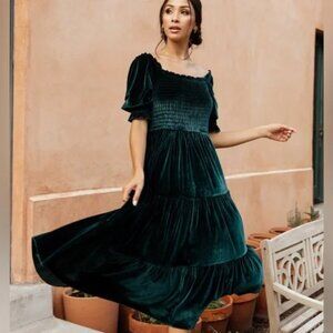 Smocked Velvet Midi Dress
